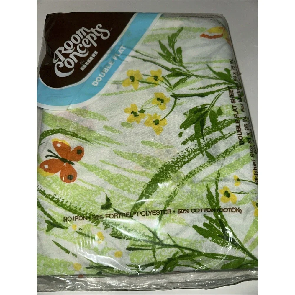 Vintage Room Concepts Bibb Spring Meadow Butterflies Flowers Double Flat Sheet
